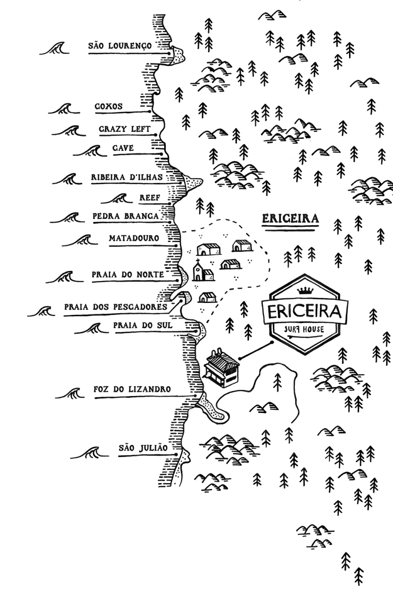 Map of the best places to surf in Ericeira, Portugal